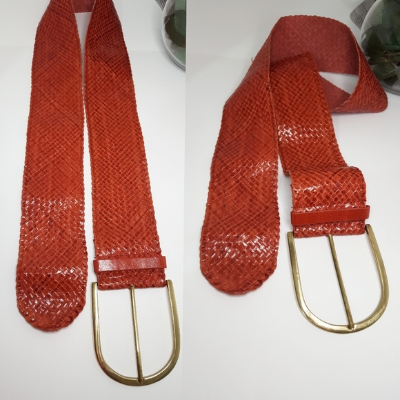 90's-Y2K❤Big Golden Buckle Leather Belt| Red Wide High Waist|Weaved - Picture 5 of 8